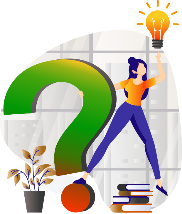 Person creatively balancing on a large question mark, with one foot resting on books and one hand pointing towards a lightbulb, symbolizing the process of seeking answers and ideas in bookkeeping